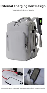 Close-up of exterior USB charging port design on light gray waterproof travel backpack