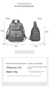 Size chart showing dimensions for the gray vintage PU leather backpack and chest bag set