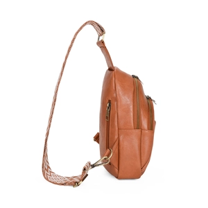 Detail of brown PU leather bag side view showing multi-layer zipper and woven strap