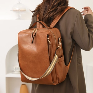 Brown PU leather backpack detail with stylish striped strap and multi-zipper compartments