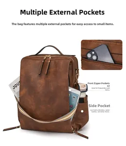 Detailansicht brauner PU-Lederrucksack mit mehreren Taschen und goldener Hardware