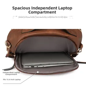 Detailansicht des braunen Kunstleder-Rucksacks mit gepolstertem 15,6-Zoll-Laptopfach und Futter