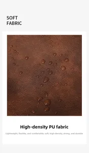 Close-up of high-density waterproof PU leather fabric on a brown backpack showing water droplets
