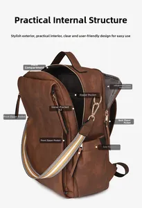 Detail view of multi-compartment interior for brown PU leather business backpack