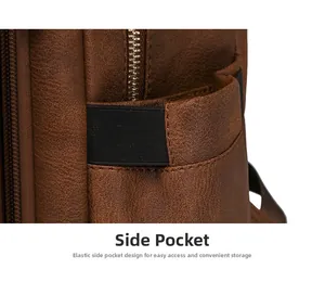 Detail of brown PU leather business backpack side pocket with elastic band and nylon zipper