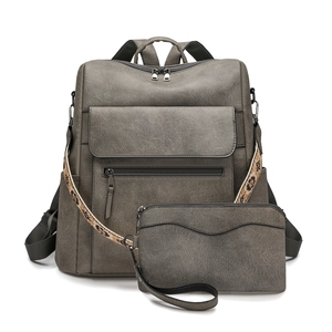 Deep grey vintage backpack set with large capacity and decorative jacquard webbing strap