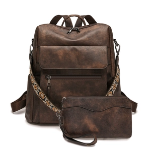 Vintage dark brown faux leather backpack and clutch set with ethnic embroidery strap