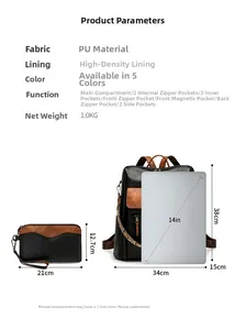 Detailed view of black and brown PU leather backpack with size dimensions and multi-pocket specs