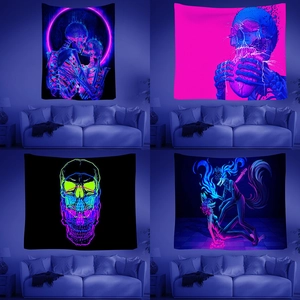 UV Reaktiv Totenkopf Wandteppich Fluoreszierend Gothik Cyberpunk Wandbehang Für Schlafzimmer Wohnzimmer Deko Halloween Party Psychedelisch Drache