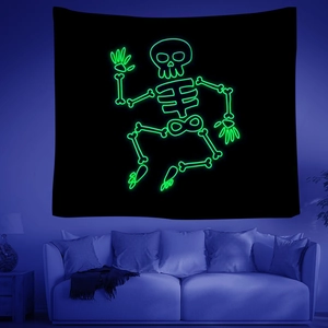 Neon grüner Skelett Wandteppich im Bohème-Stil für Wohnzimmer und Schlafzimmer Deko