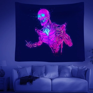Cyberpunk Totenkopf Wandteppich mit pinkfarbenem Skelett und Neon Mandala Kunstwerk