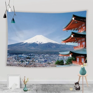 Detail of Mount Fuji and cherry blossoms printed on Japanese style decorative wall tapestry