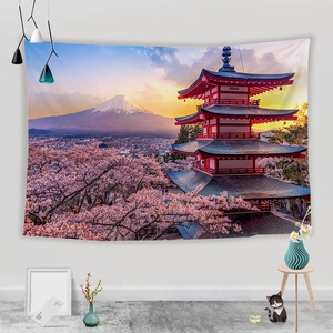 Detail view of Fuji mountain tapestry with cherry blossoms and pagoda in a cozy room