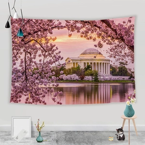 Japanese style tapestry showing Mount Fuji cherry blossoms and sunset landscape