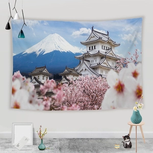 Detailed view of Mt Fuji and cherry blossom print on a wall hanging tapestry
