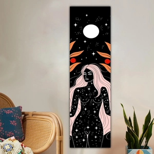 Modern moon girl wall tapestry featuring stars and a mystical pink-haired female illustration