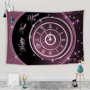 Purple Happy New Year tapestry with vintage roman clock design for home wall decor