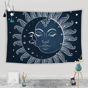 Bohemian sun and moon celestial tapestry with white line art on deep blue backdrop