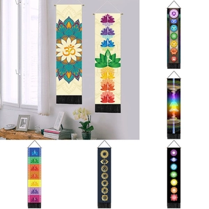 Vertical Chakra Wall Tapestry Cotton Linen Blend Hanging Cloth With Wooden Rod And Tassels For Yoga Meditation Room Decor