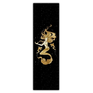 Detailed view of mermaid and koi fish illustration on black starlit tapestry