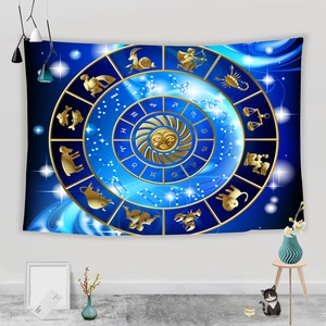 Astrological sun and zodiac sign wall tapestry in gold and deep blue for home decor