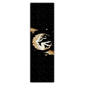 Detailed tapestry fabric view showing celestial goddess pattern with moon and stars print