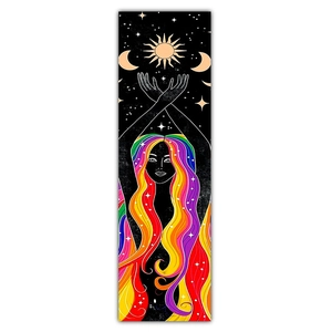 Minimalist wall tapestry featuring a bohemian girl with rainbow hair and celestial sun moon symbols