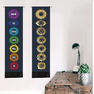 Bohemian Chakra wall hanging tapestry set with seven chakra symbols and black tassels
