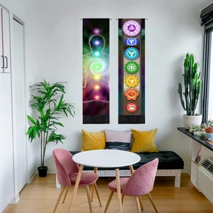 Bohemian chakra wall tapestries with meditation symbols and black fringe for home decor
