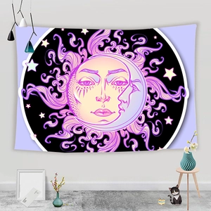 Detailed view of sun and moon tapestry in purple and pink hues for home decor