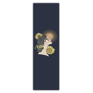 Close-up of the Leo zodiac tapestry featuring a woman with sunflowers on navy blue fabric