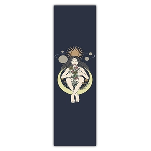 Modern celestial tapestry with moon and sun art on dark blue peach skin fabric