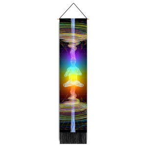 Detailed view of bohemian meditation wall scroll with rainbow energy aura and black tassels