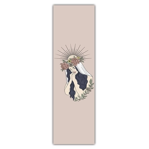 Detailed texture of Morandi pink tapestry featuring artistic girl with floral crown