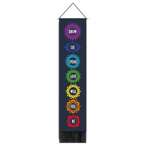 Vertical blue chakra wall tapestry with wood pole, colorful patterns and black tassels