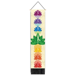 Vertical yoga wall hanging with seven chakra lotus patterns and black fringe details