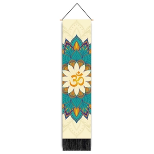 Detailed view of bohemian mandala wall hanging with teal lotus and orange Om symbol