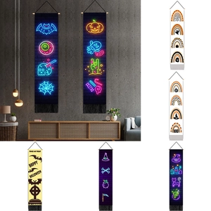Halloween Wall Hanging Tapestry Cotton Linen With Wooden Rod And Tassel Neon Ghost Pumpkin Bat Home Decor Banner