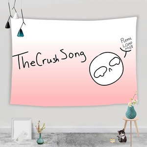 Detail of pink gradient tapestry with The Crush Song text and cartoon graphics
