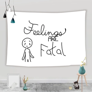 Minimalist black and white wall tapestry with Feelings Are Fatal art and line drawing