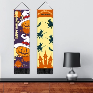 Halloween wall hanging banners featuring pumpkin, witch and bat designs with tassels