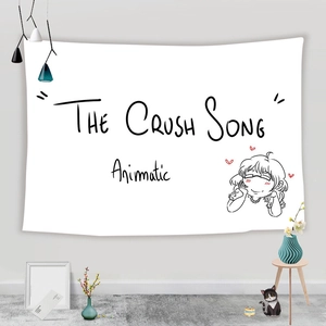 Detail of The Crush Song tapestry with minimalist anime girl illustration on white fabric