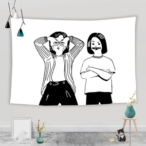 Minimalist black and white line art tapestry featuring whimsical girls for wall decor