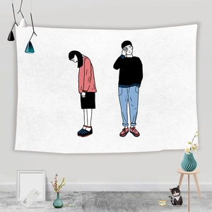 Minimalist wall tapestry showing cartoon couple illustration in cozy home interior