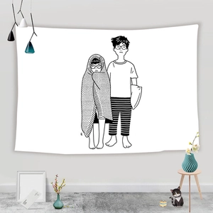 Detailed view of minimalist black and white line art tapestry in a modern bedroom setting