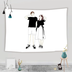 Detail of minimalist tapestry showing couple line art on a white background cloth
