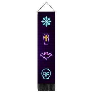 Detailed fabric wall banner featuring neon spider web, coffin, and bat icons for Halloween decor