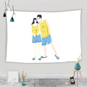 Detail of minimalist wall tapestry with cartoon couple illustration and soft home decor