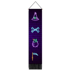 Halloween purple brick wall hanging banner with neon hat, cauldron and black tassels