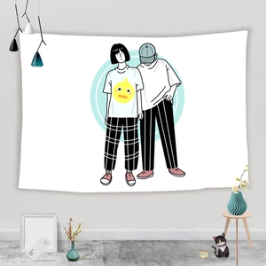 Close-up of a minimalist tapestry featuring a cute couple illustration for wall decor